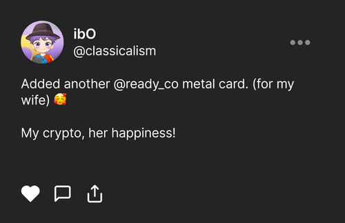 A screenshot of a tweet on x.com from a Ready customer, saying how they have ordered another Ready card for their wife to make her happy