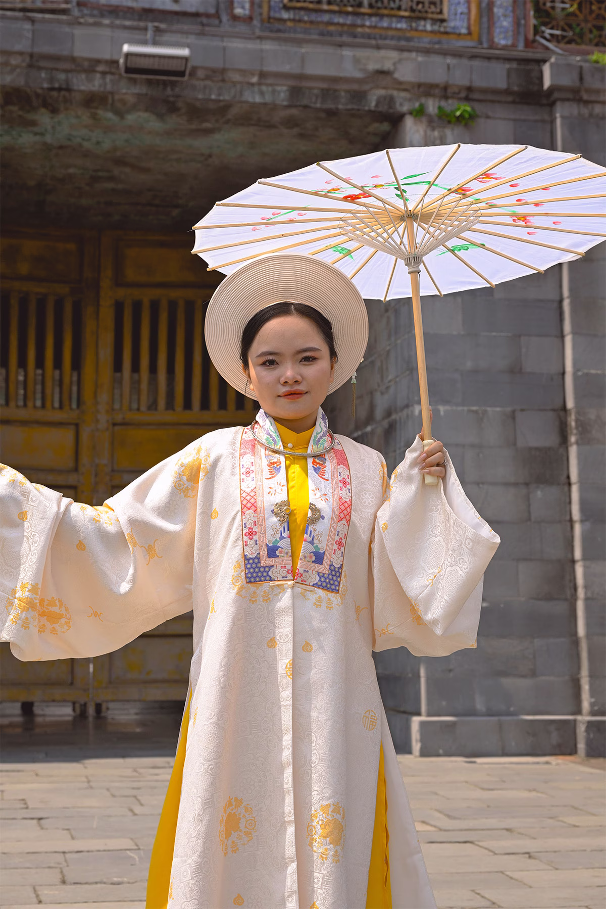 Close up of woman in traditional dress in Vietnam