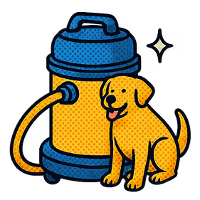 Illustration of a person using a carpet vacuum with a pet nearby, representing pet-friendly cleaning