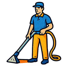 Illustration of a man in a blue shirt and cap using a carpet cleaning vacuum.