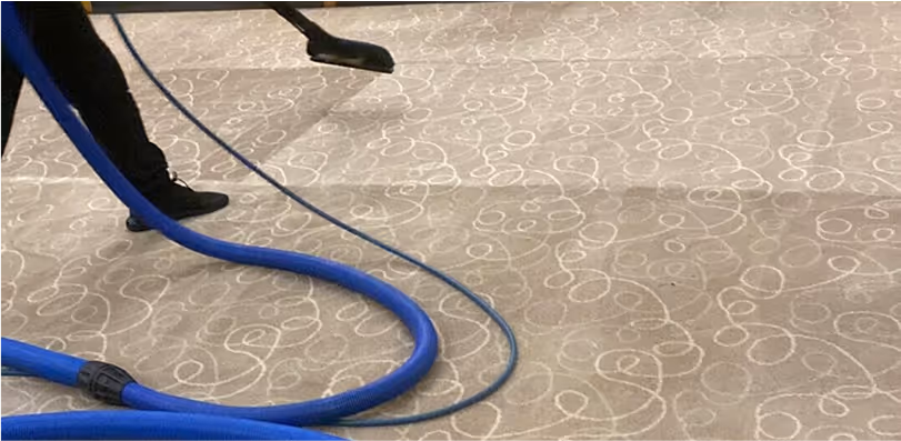 Person using blue hose and vacuum tool to clean a patterned carpet.