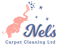 Logo featuring a pink elephant spraying water and the text 'Nel's Carpet Cleaning Ltd' in blue and pink.