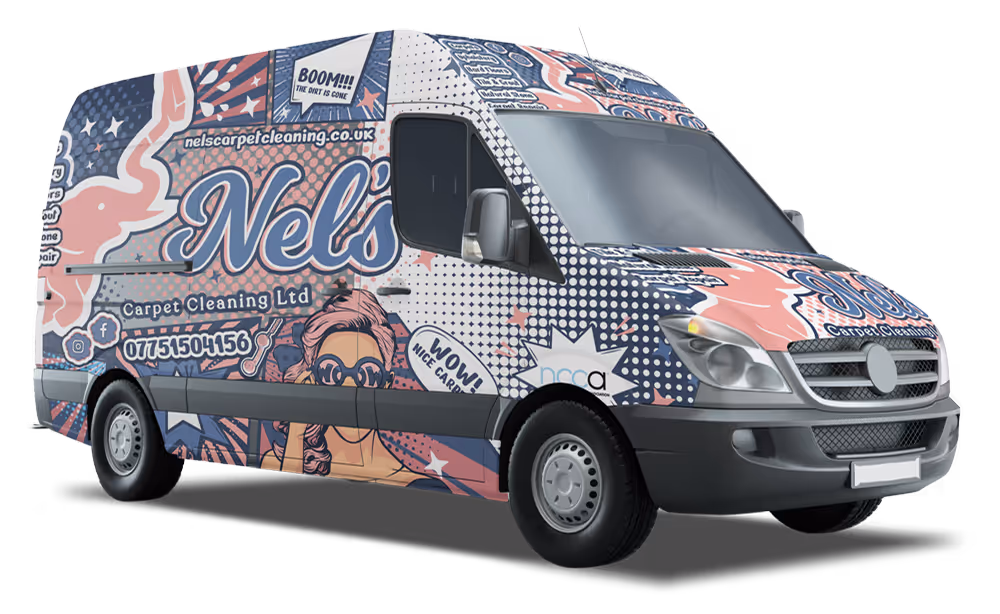 Van with colourful pop art style wrap advertising Nel's Carpet Cleaning Ltd, featuring contact number and website.