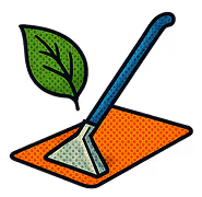 Blue carpet cleaning tool suctioning a green leaf from an orange rug.