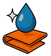 Blue water droplet above an orange cleaning cloth with a sparkle indicating cleanliness.