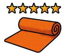 Orange rolled-out rug with five gold stars above it.
