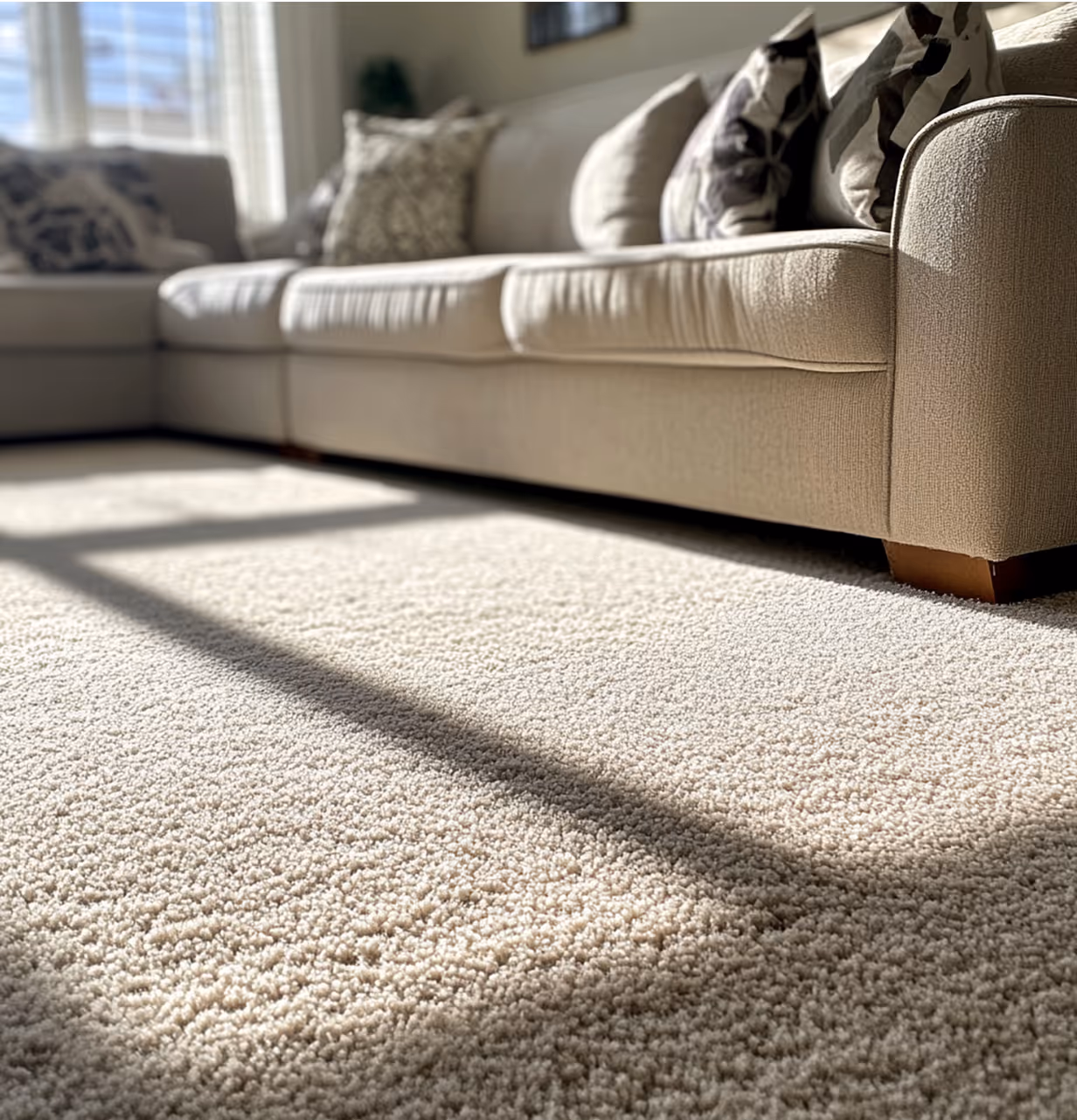 Beige fabric sofa with patterned cushions next to a sunlit textured beige carpet.