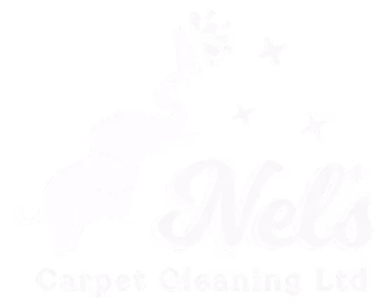 Logo featuring a cartoon elephant spraying water with its trunk next to the text Nel's Carpet Cleaning Ltd.