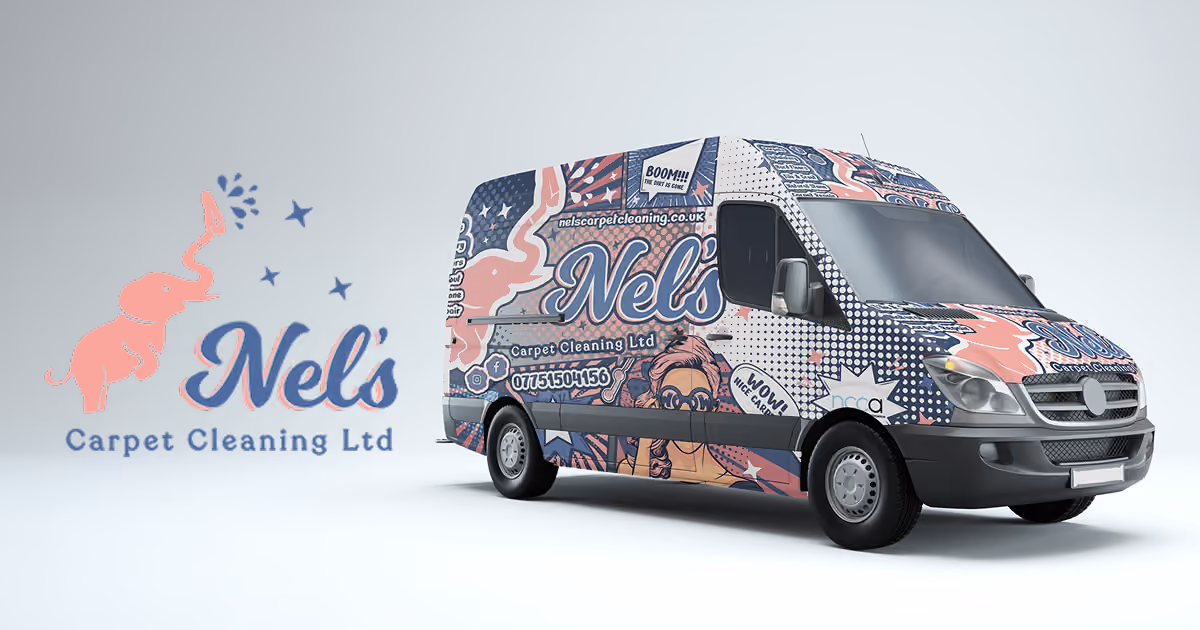 White van with colourful comic-style graphics and text advertising Nel's Carpet Cleaning Ltd, featuring a pink elephant spraying water and the phone number 07751504156.