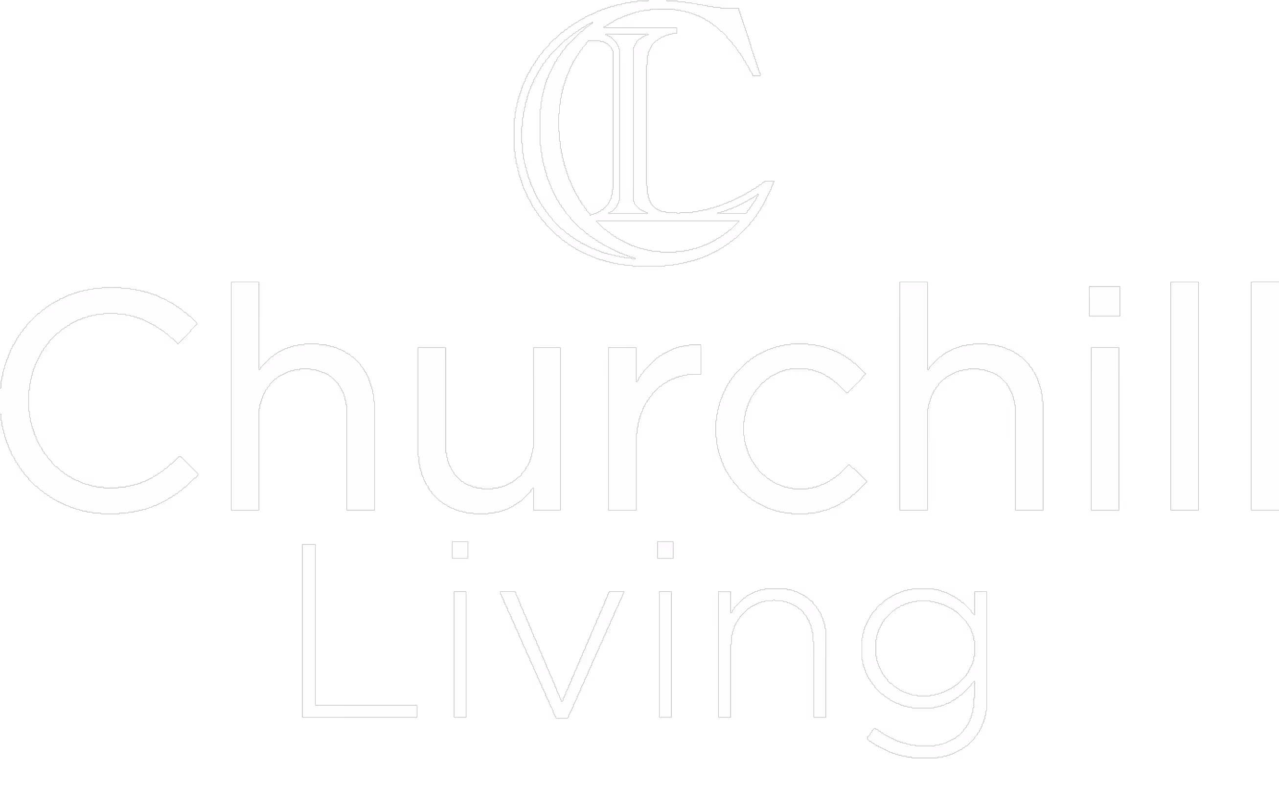Churchill Living logo with stylised CL monogram above the company name in white on a black background.