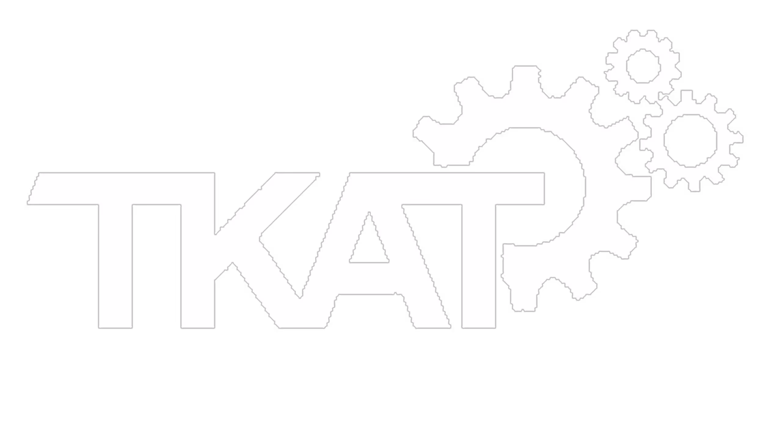 White TKAT text logo with three interconnected white gears on a black background.