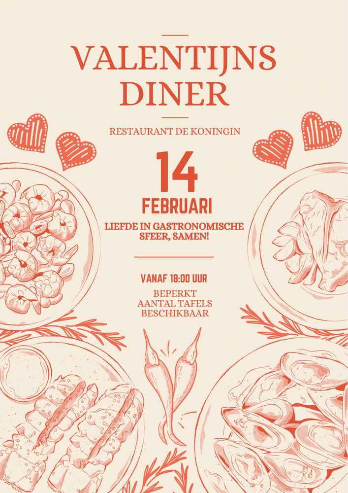 Tekeningen van verschillende gerechten met de tekst "Valentijnsdiner restaurant De Koningin 14 februari liefde in gastronomische sfeer, samen! Vanaf 18:00 uur, beperkt aantal rafels beschikbaar."