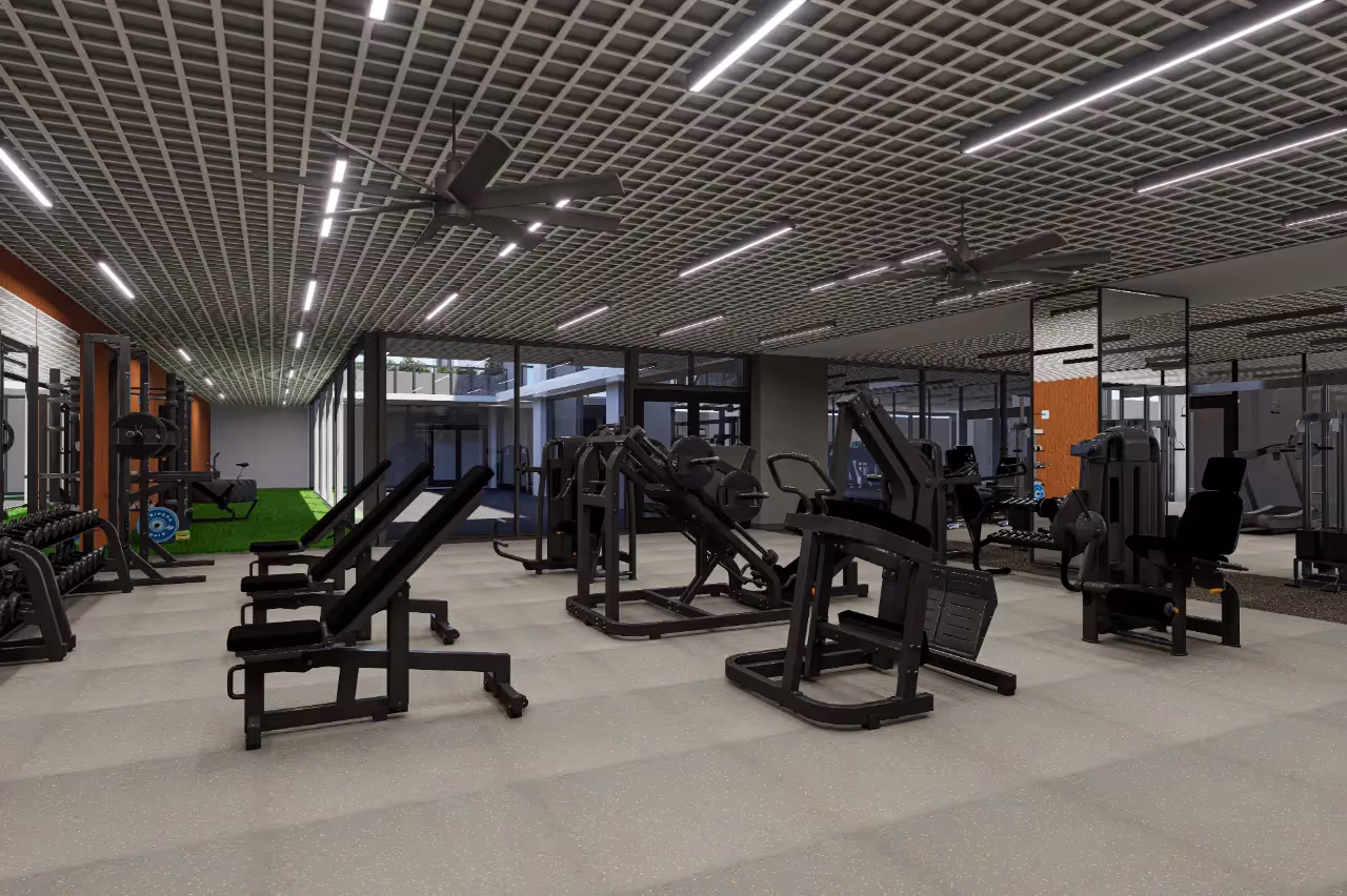 Extensive fitness center with a wide array of exercise equipment, free weights, and ample space for various workouts, at Continental Tower in Columbus, Ohio.