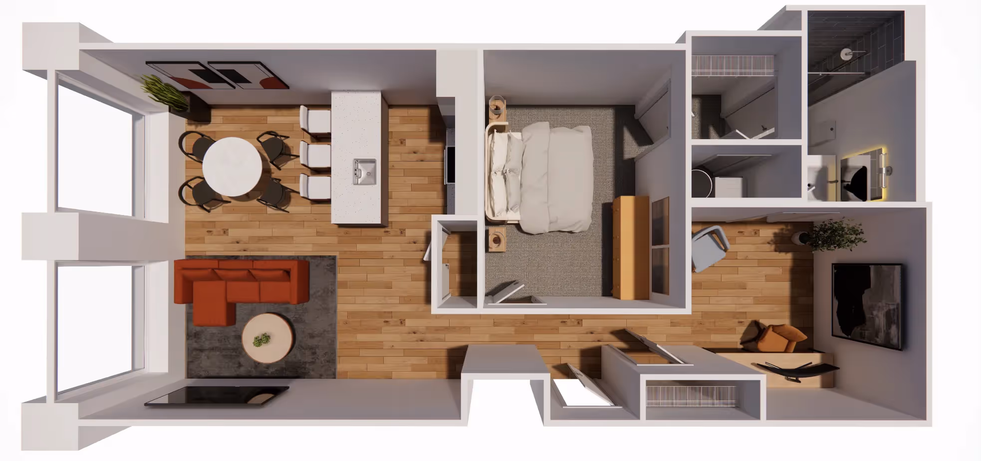 One-bedroom apartment floor plan, A5, with a den at Continental Tower in Columbus, Ohio, featuring an open living and dining area, kitchen, bedroom, and separate den space.