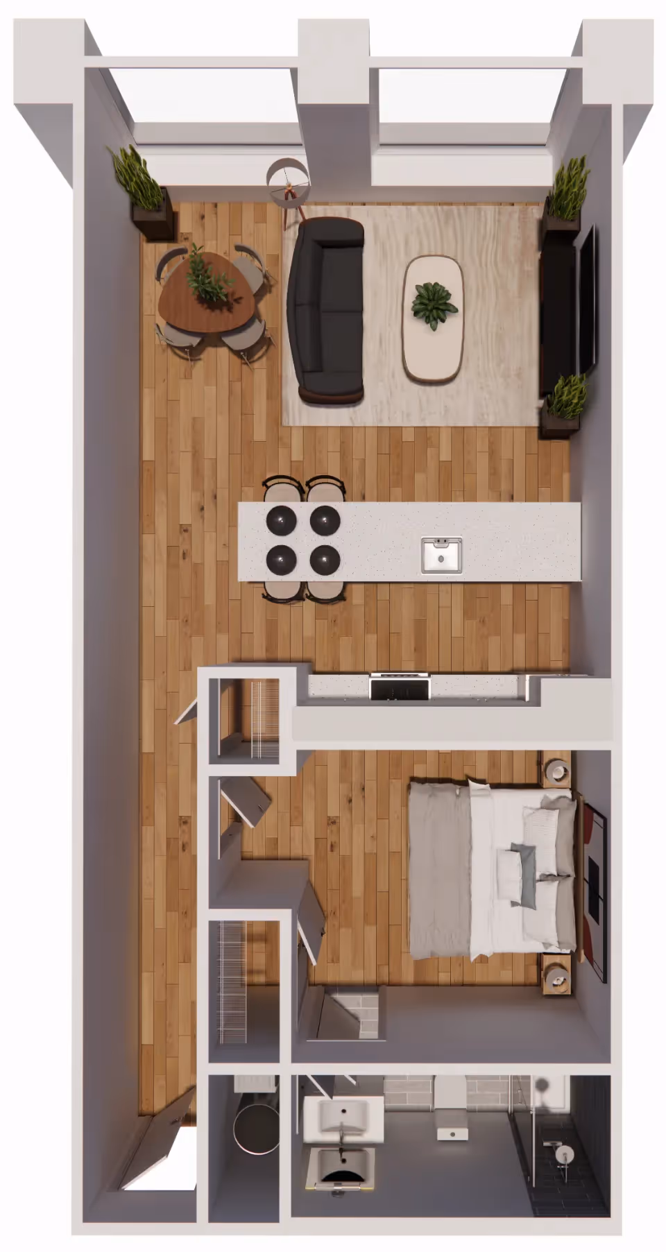 One bedroom apartment floor plan, A4, at Continental Tower in Columbus, Ohio, detailing a linear layout with living, sleeping, and kitchen amenities.