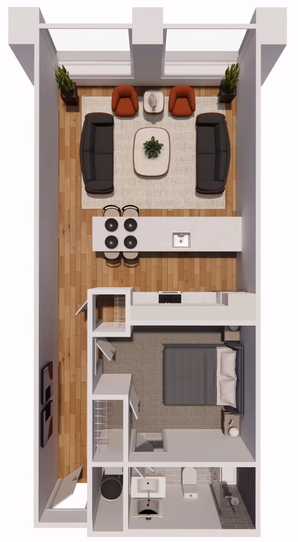One bedroom apartment floor plan, A3, at Continental Tower in Columbus, Ohio, showing a compact layout with integrated living, sleeping, and kitchen spaces.