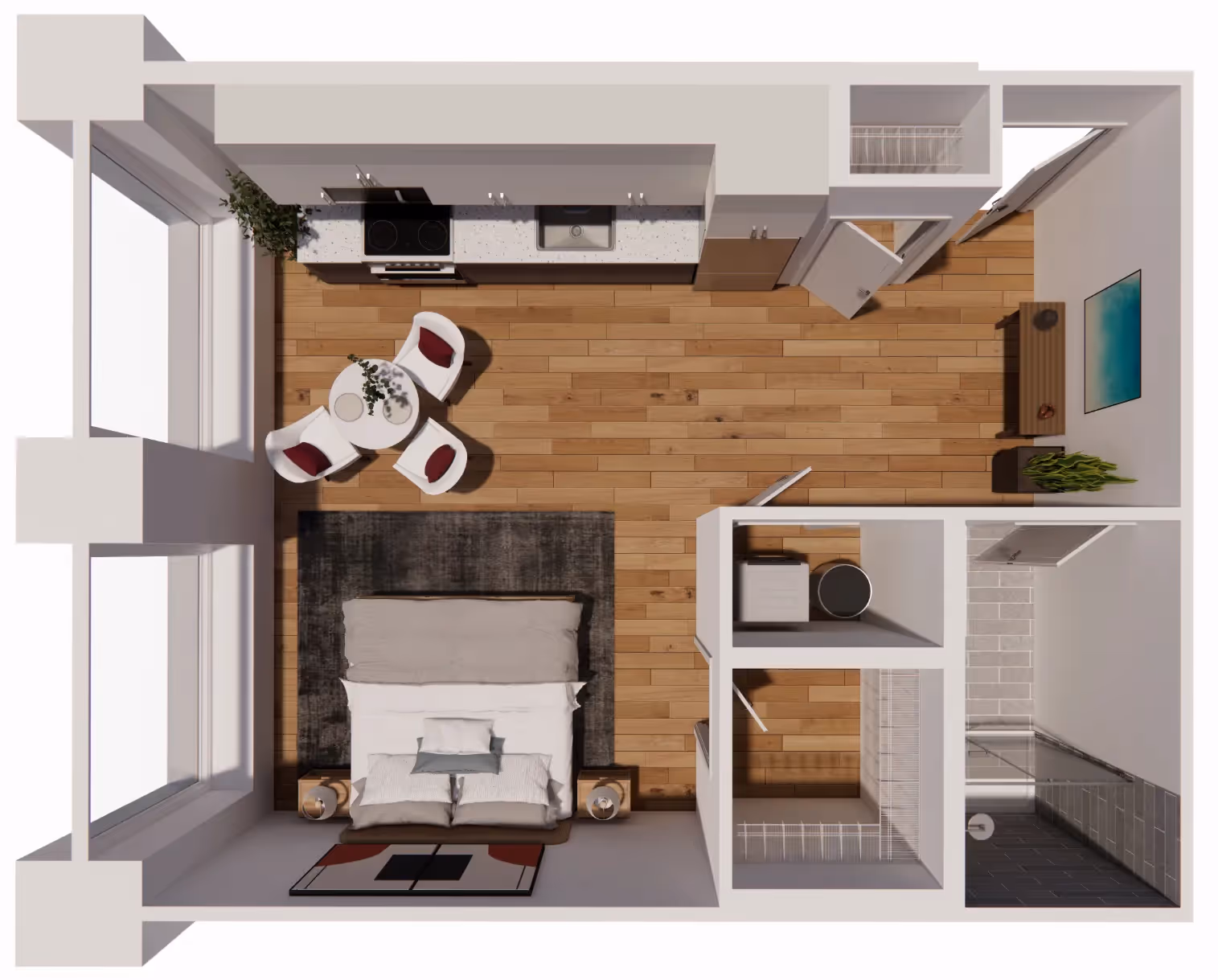 Studio apartment floor plan, Studio B, at Continental Tower in Columbus, Ohio, featuring a corner layout with a kitchen, living area, and integrated bedroom space.