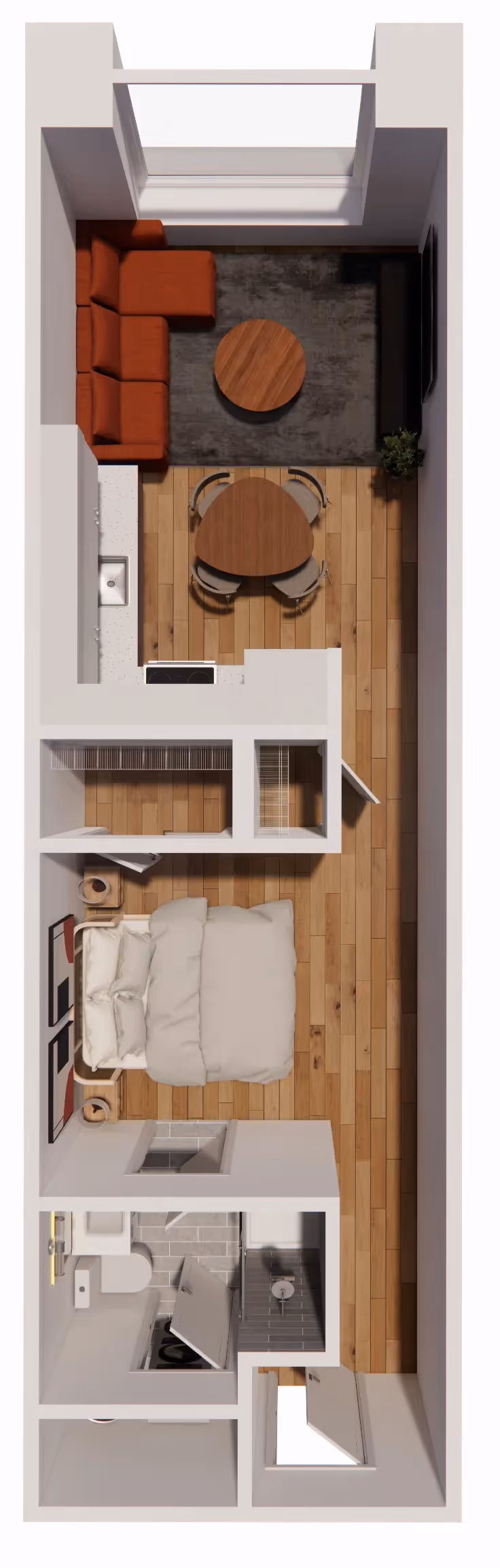 Studio apartment floor plan, Studio A, at Continental Tower in Columbus, Ohio, showing a long, narrow layout with living, dining, sleeping, kitchen, and bathroom areas.