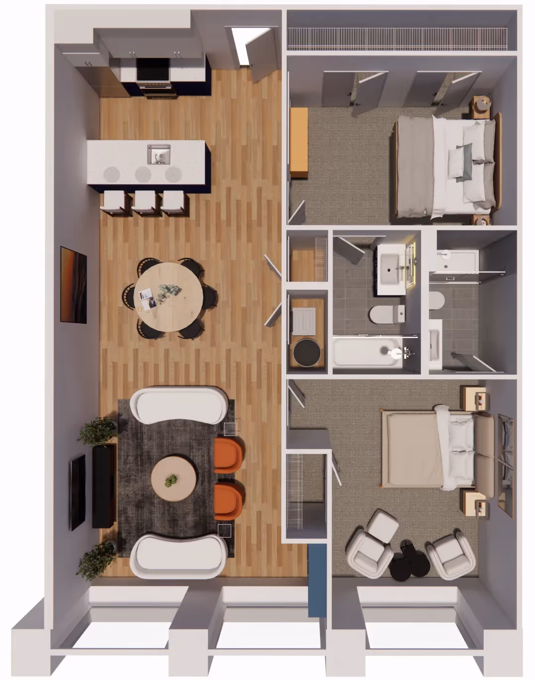 Two-bedroom, two-bathroom apartment floor plan, B3, at Continental Tower in Columbus, Ohio, with a large open-concept living space, kitchen, and dining area.