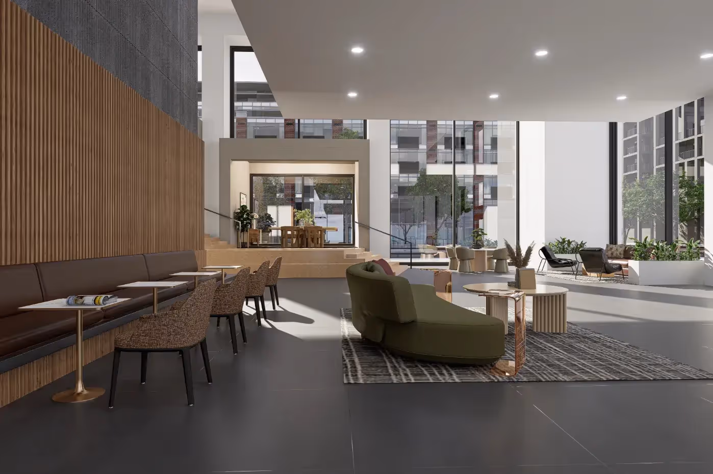 Elegant and expansive resident lounge with diverse seating, high ceilings, and modern design, characteristic of Continental Tower in Columbus, Ohio