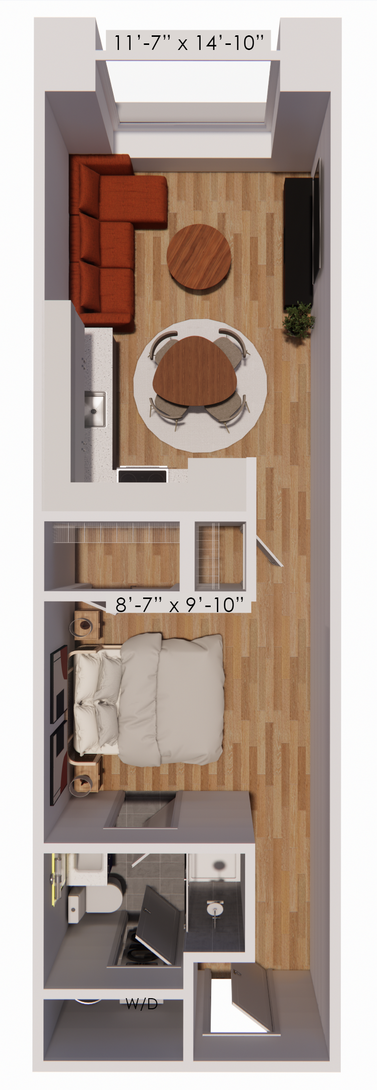 Studio apartment floor plan, Studio A, at Continental Tower in Columbus, Ohio, showing a long, narrow layout with living, dining, sleeping, kitchen, and bathroom areas.