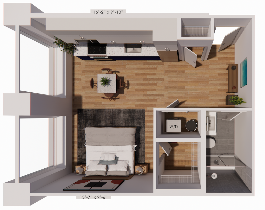 Studio apartment floor plan, Studio B, at Continental Tower in Columbus, Ohio, featuring a corner layout with a kitchen, living area, and integrated bedroom space.