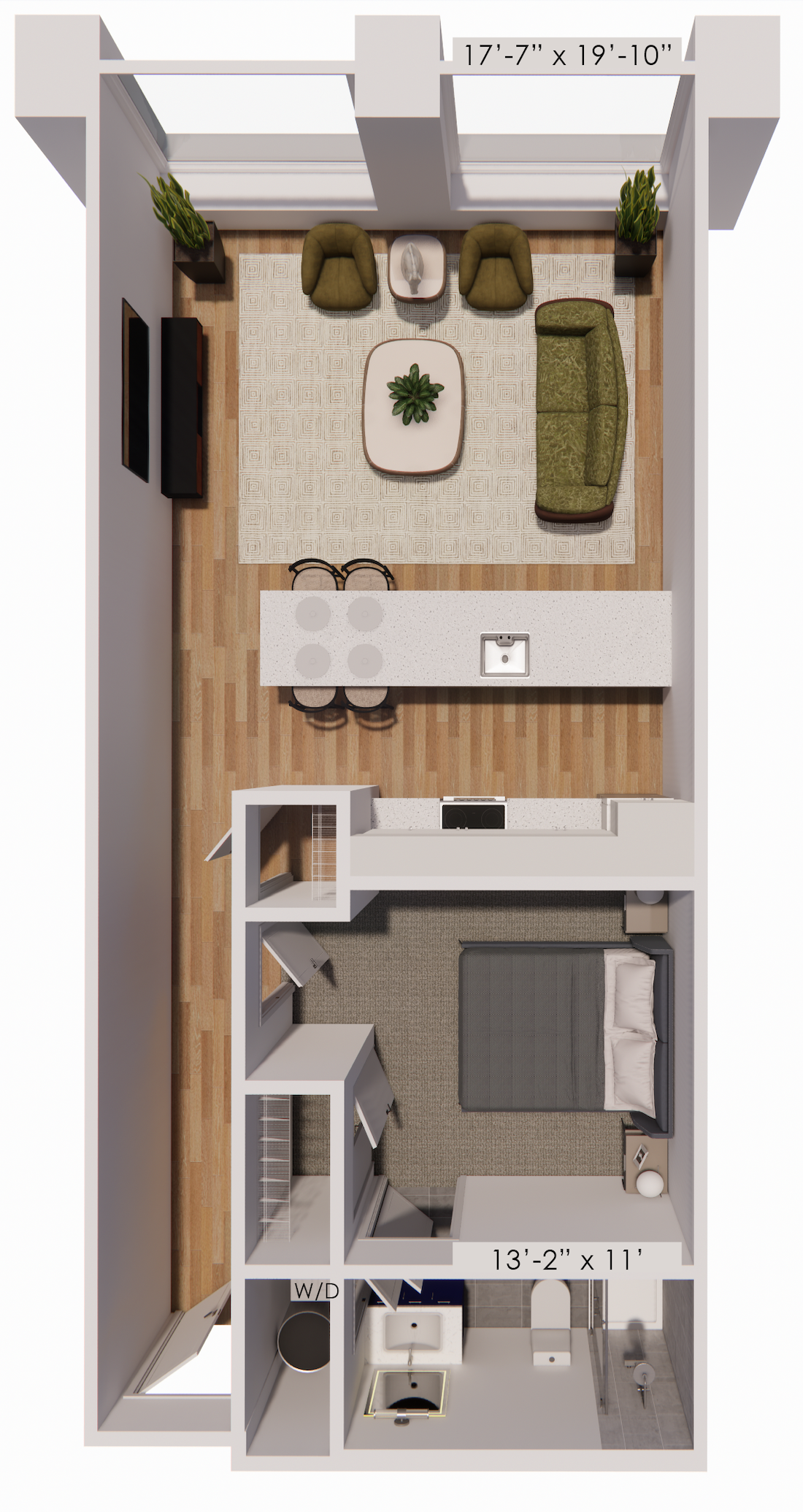 One bedroom apartment floor plan, A2, at Continental Tower in Columbus, Ohio, with an open living, sleeping, and kitchen area, and bathroom.
