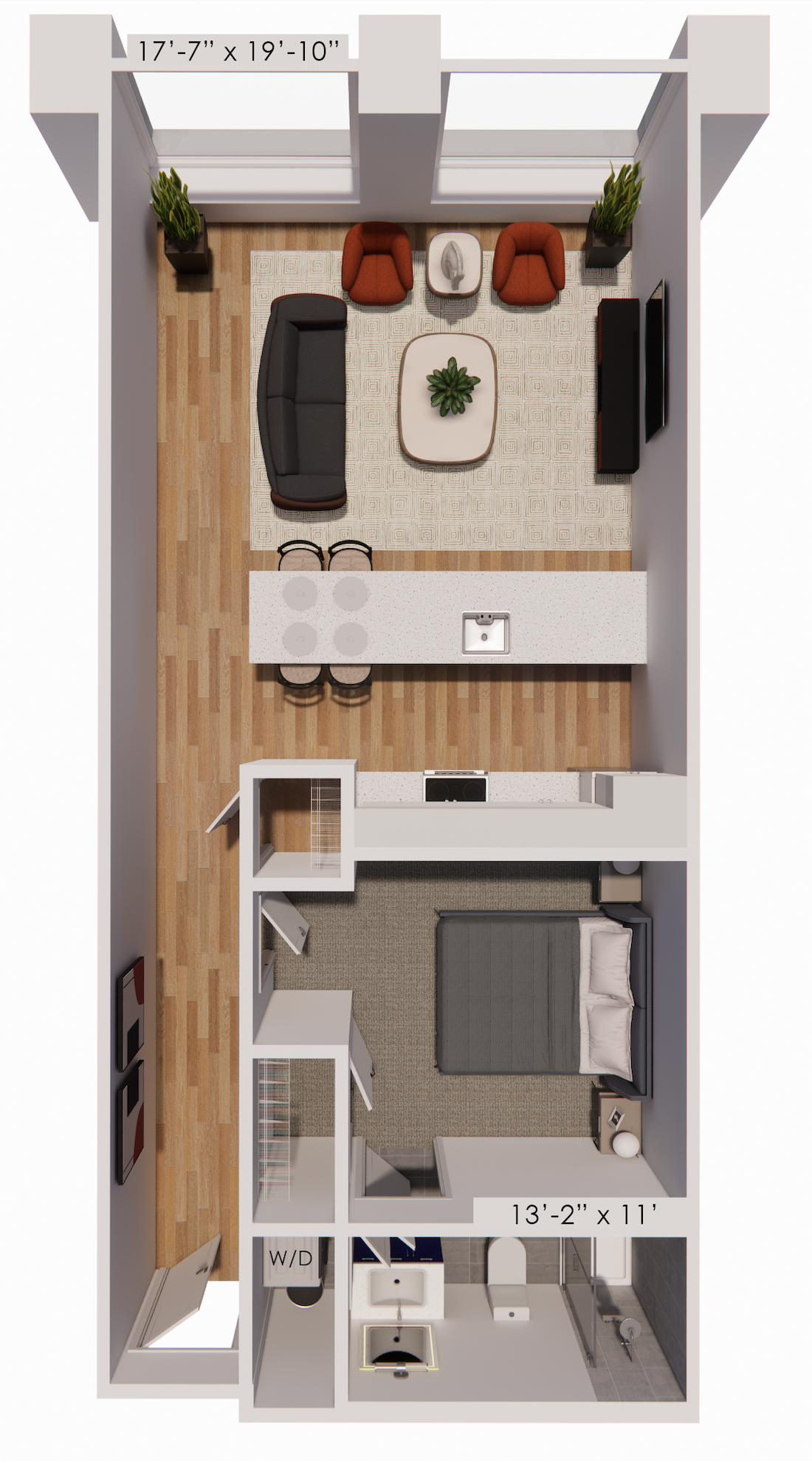 One bedroom apartment floor plan, A3, at Continental Tower in Columbus, Ohio, showing a compact layout with integrated living, sleeping, and kitchen spaces.
