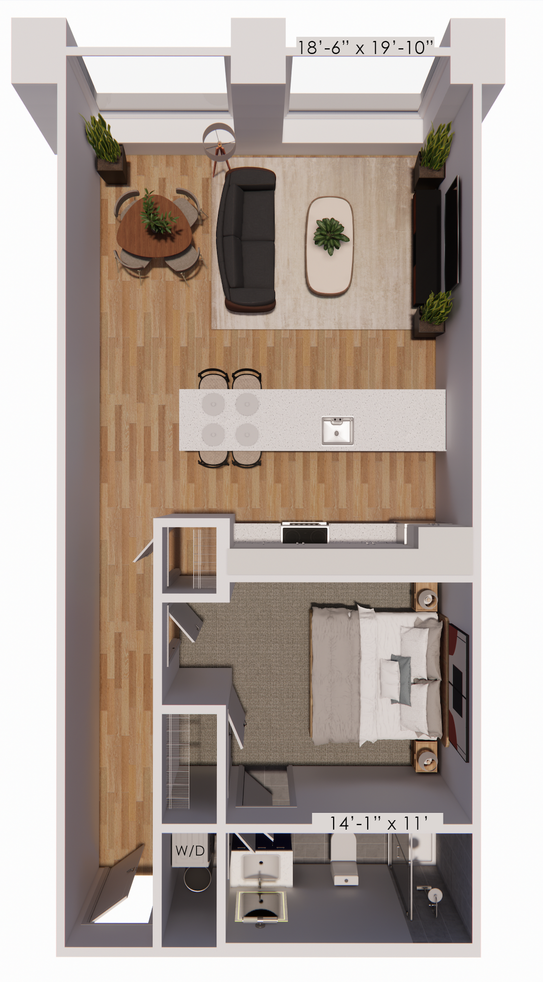 One bedroom apartment floor plan, A4, at Continental Tower in Columbus, Ohio, detailing a linear layout with living, sleeping, and kitchen amenities.