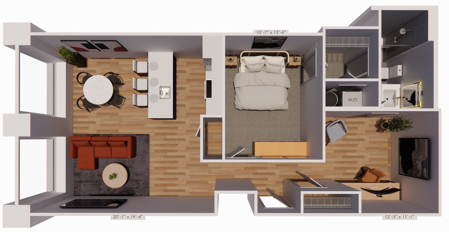 One-bedroom apartment floor plan, A5, with a den at Continental Tower in Columbus, Ohio, featuring an open living and dining area, kitchen, bedroom, and separate den space.