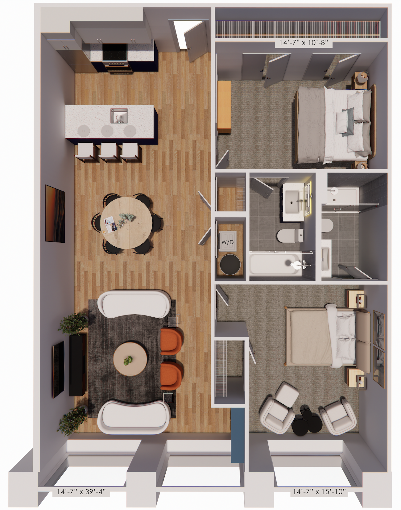 Two-bedroom, two-bathroom apartment floor plan, B3, at Continental Tower in Columbus, Ohio, with a large open-concept living space, kitchen, and dining area.