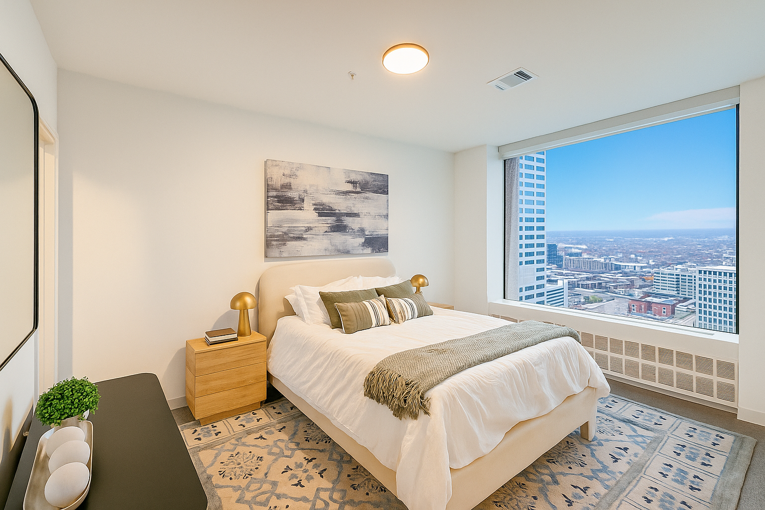 Luxurious bedroom with a plush bed, stylish headboard, and contemporary artwork, offering comfort in an apartment at Continental Tower in Columbus, Ohio.