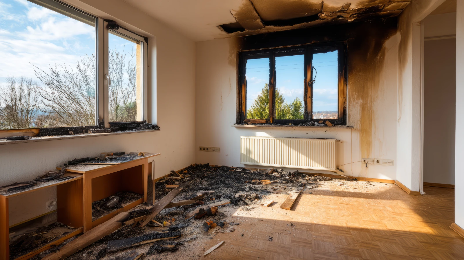 living room interior with fire damage to windows and walls from wildfire