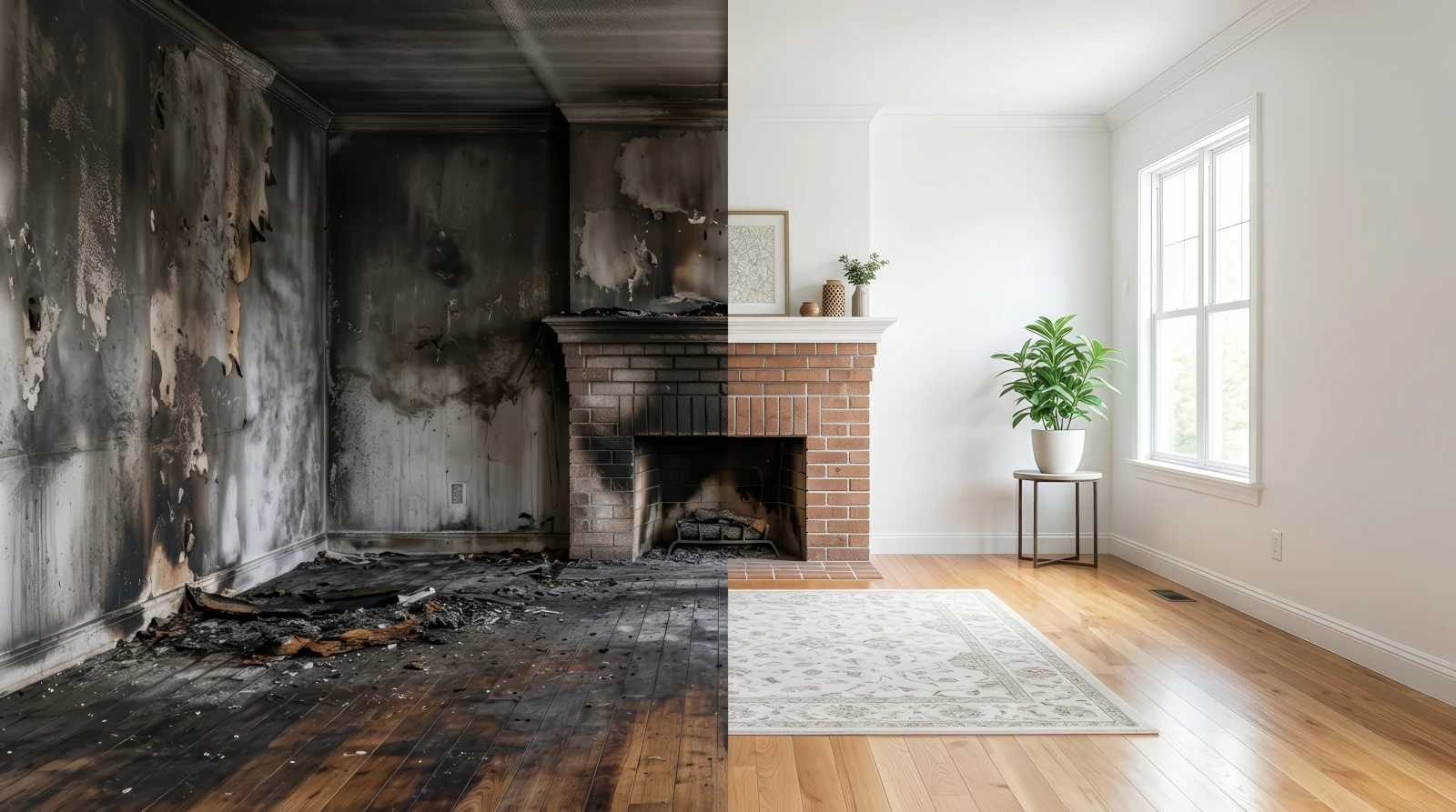before and after conceptualization of a living room restored after severe fire damage