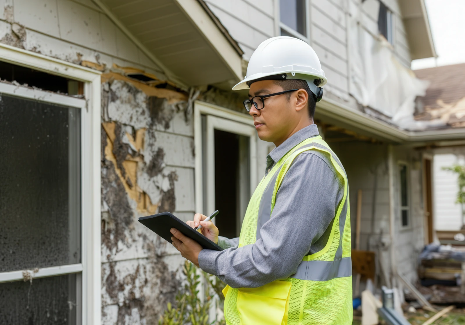 licensed restoration contractor inspecting exterior damage of home after a wildfire