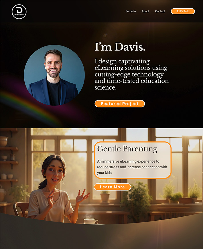 Screenshot of Davis Rideout’s Gentle Parenting project showing an interactive scenario about parent–child communication