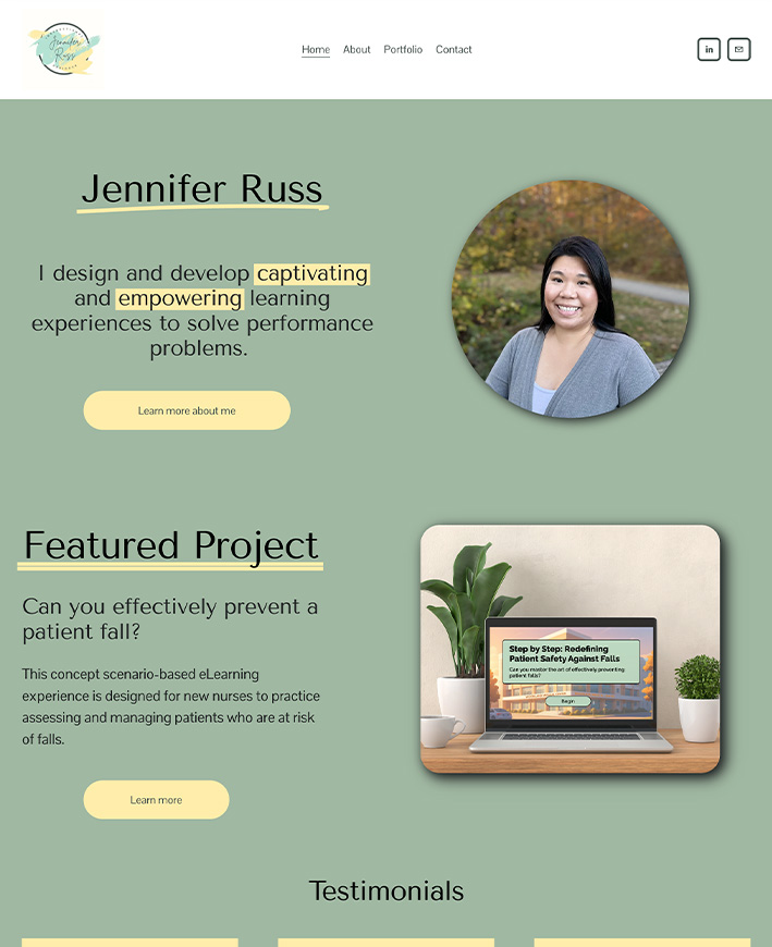 Homepage of Jennifer Russ’s instructional design portfolio showcasing her flagship project and professional branding