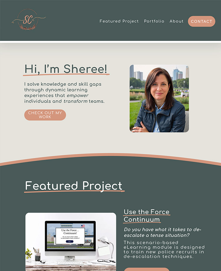 Screenshot of Sheree Caminita’s instructional design portfolio homepage.