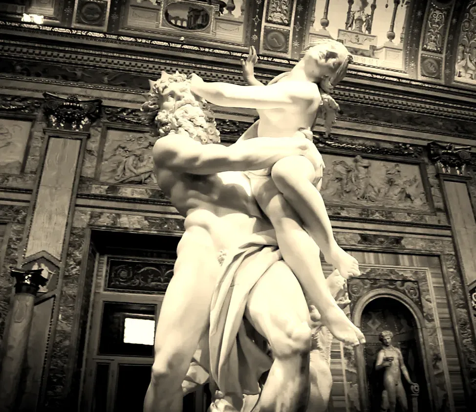 The Rape of Proserpina marble sculpture in an ornate gallery, Baroque myth artwork and classical art thumbnail