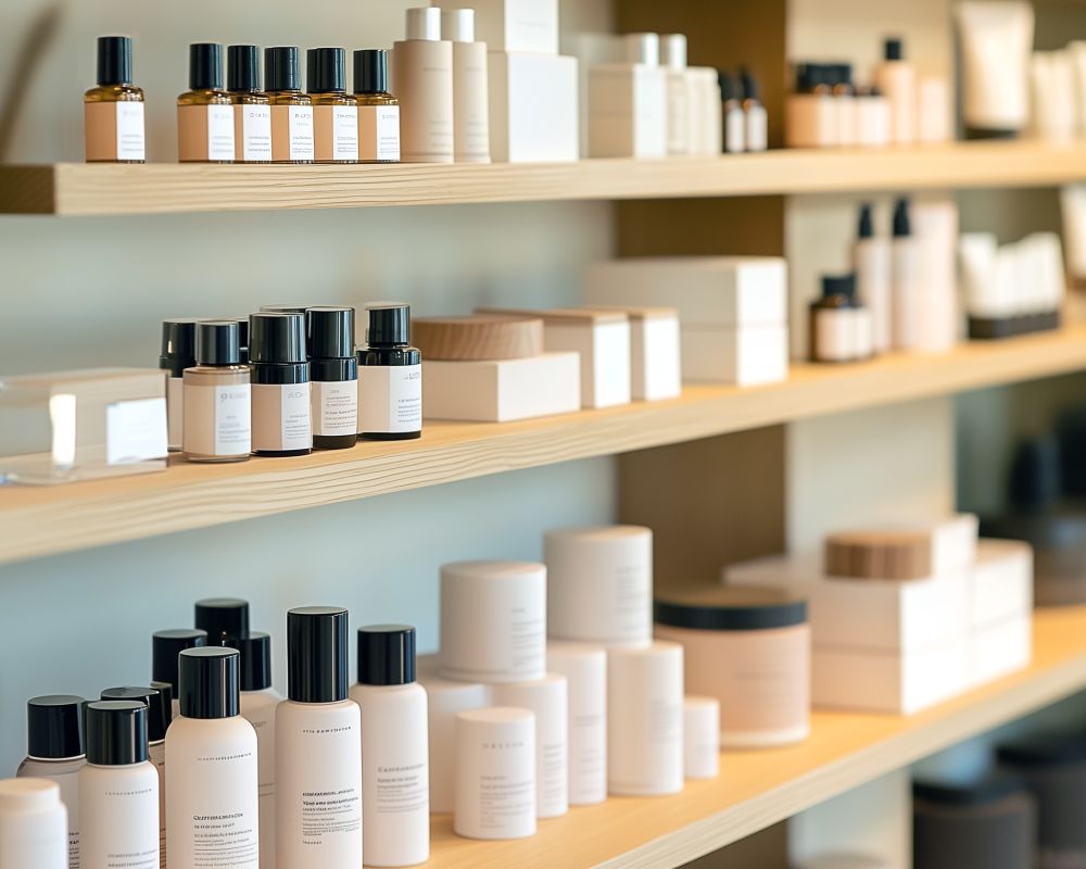 Photo of beauty products on shelves.