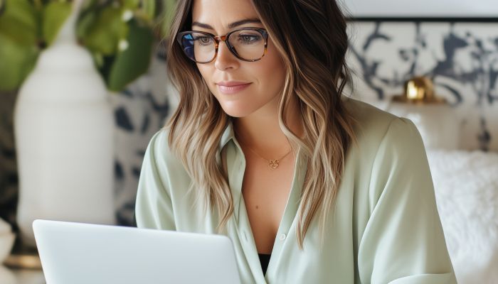 Photo of woman looking at laptop screen.