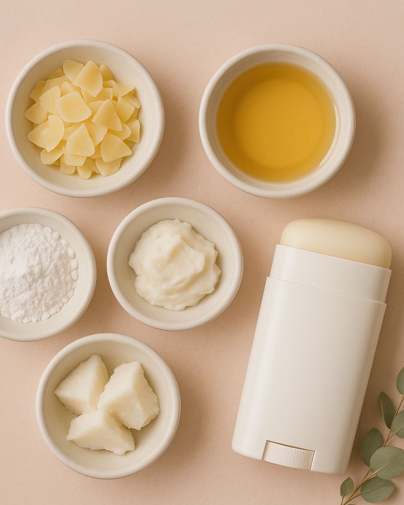 Overhead photo of beauty ingredients in individual bowls.
