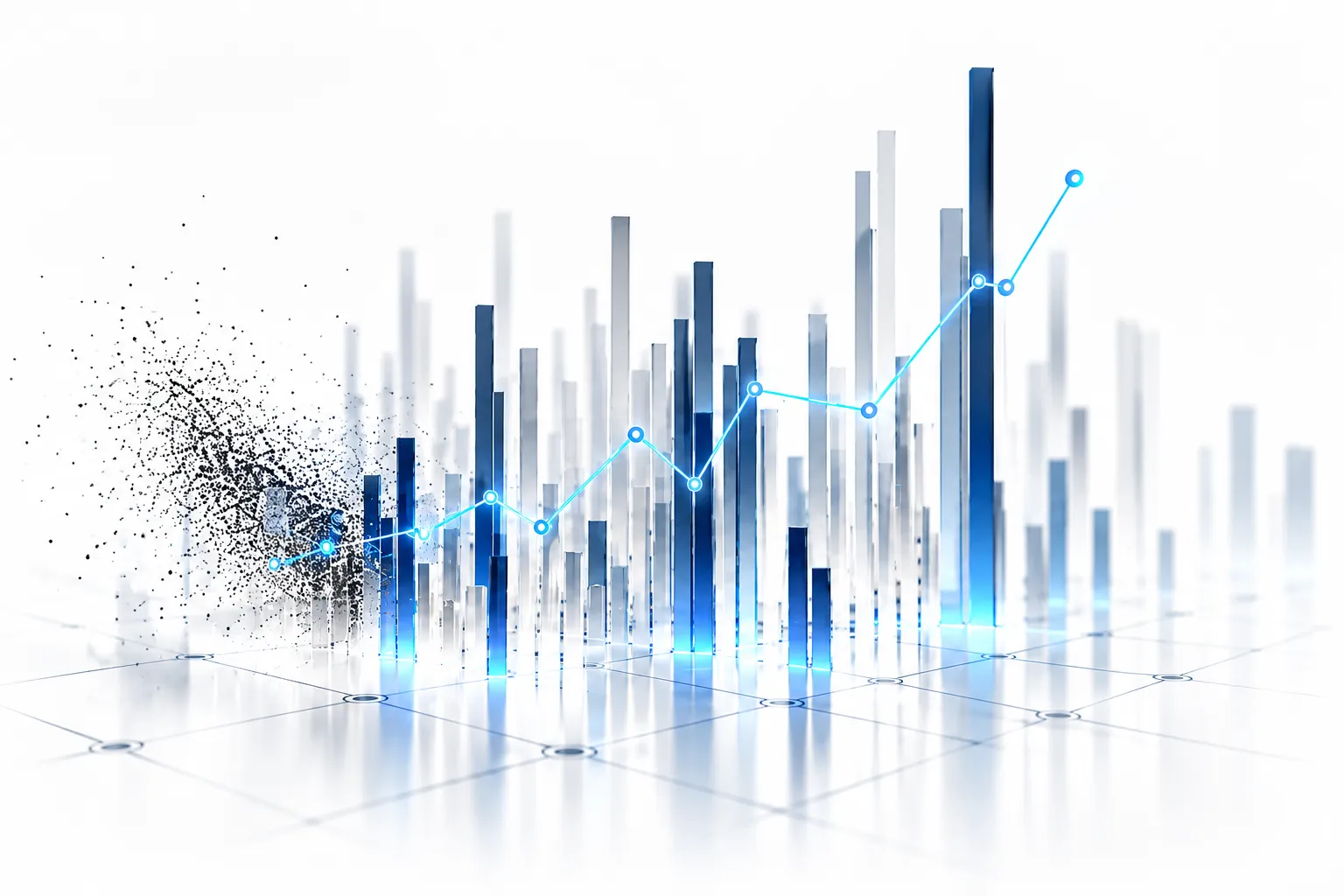 Translucent bar chart columns with a rising trend line, representing financial services content