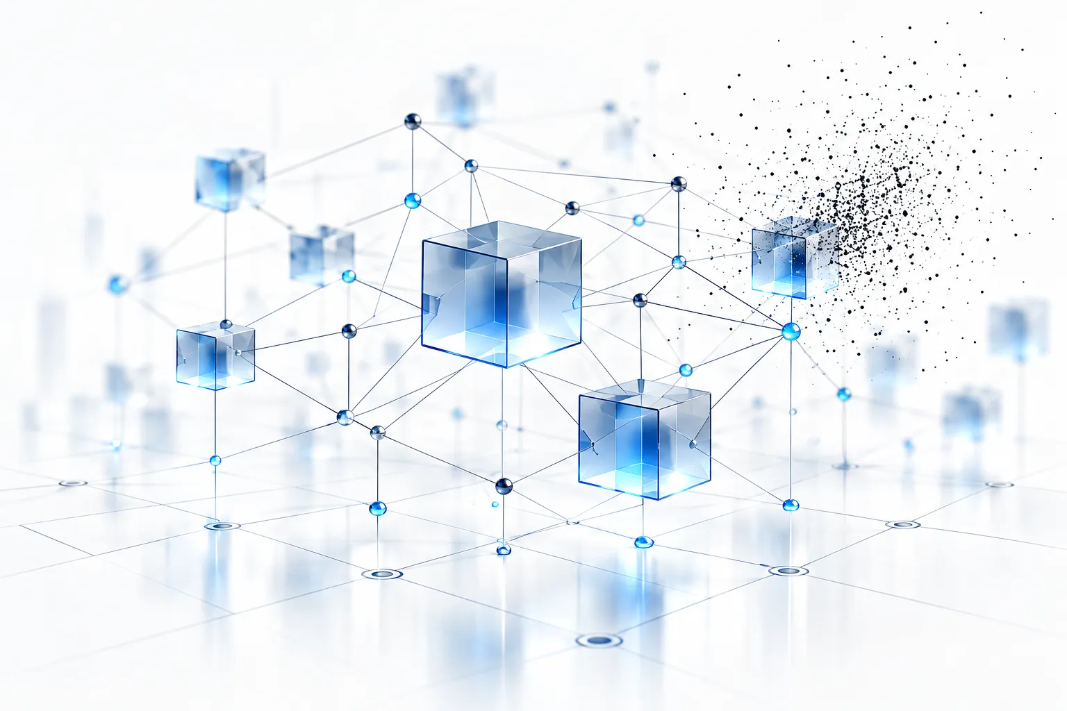 Blue glass cubes connected in a network mesh, representing Web3 and blockchain content