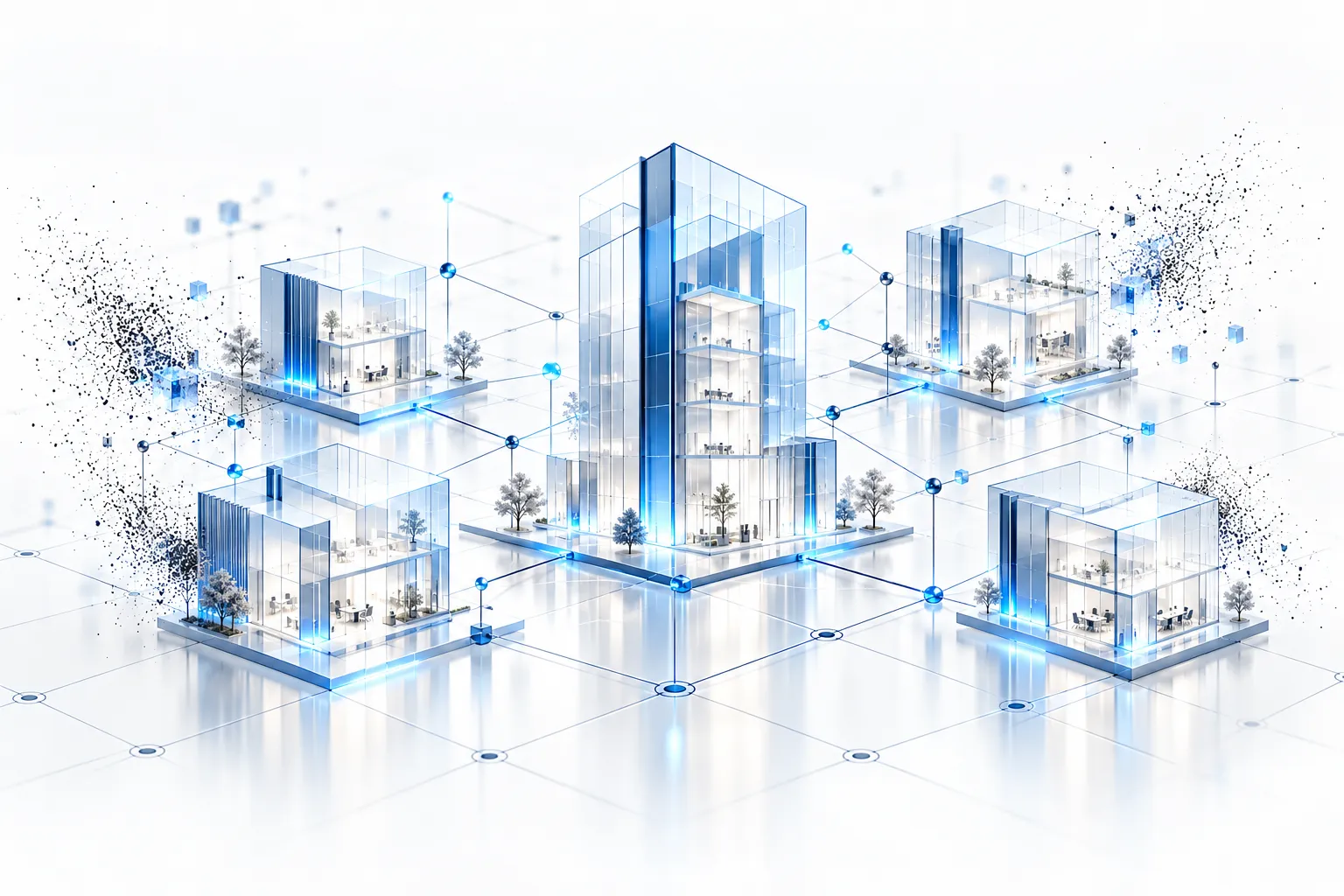 Glass office buildings linked in a network, representing B2B and business growth content