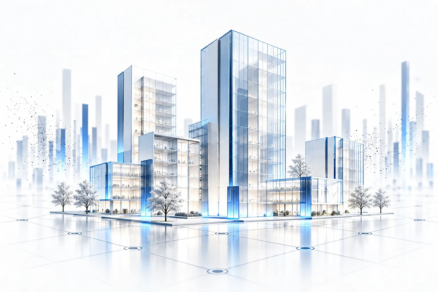 Glass city skyline on a grid, representing real estate and property content