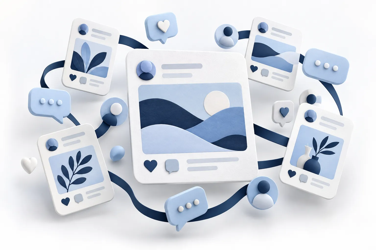 Sculptural social media post cards in blue, representing LinkedIn, X and community content