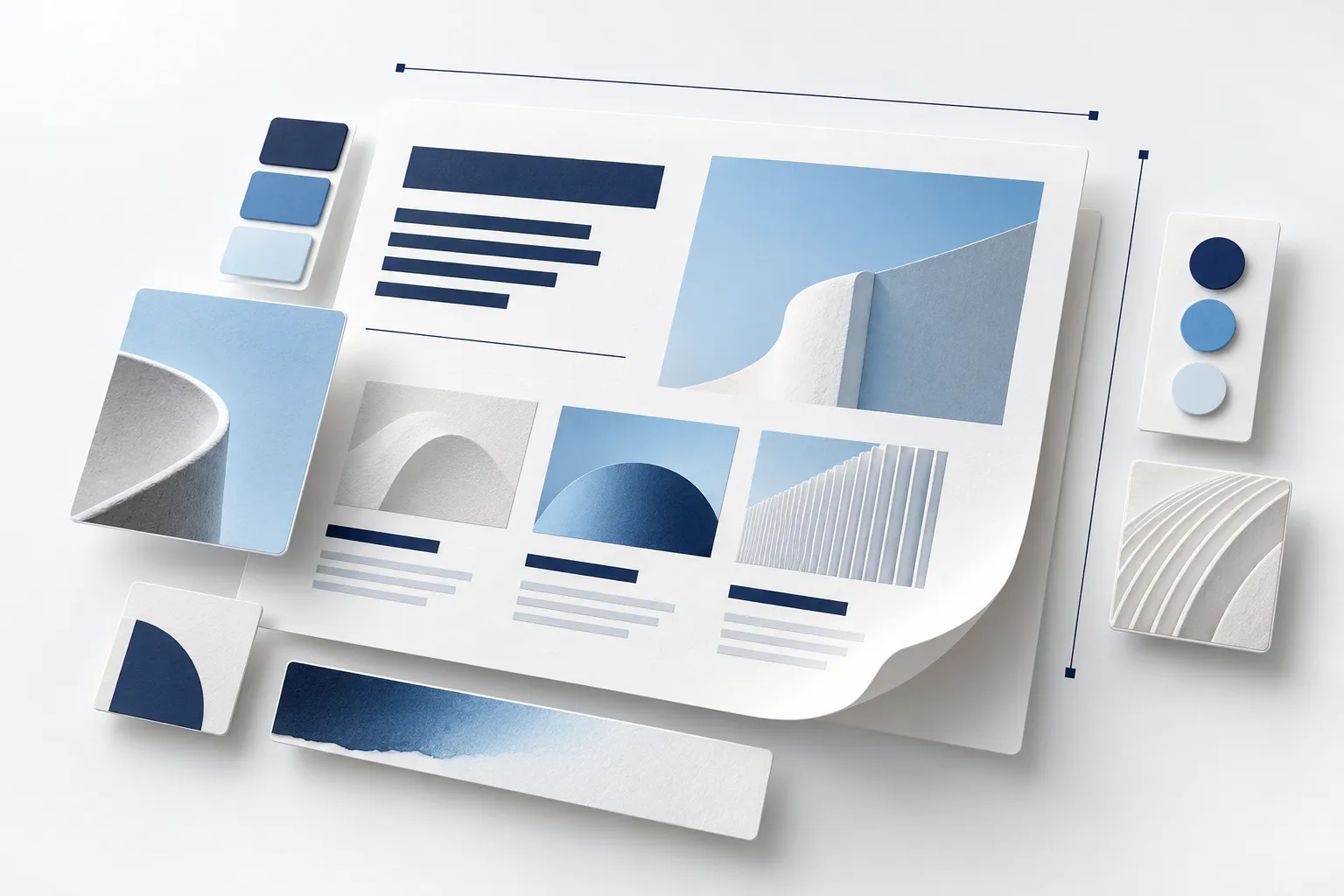 Exploded editorial page layout in blue and white, representing content design