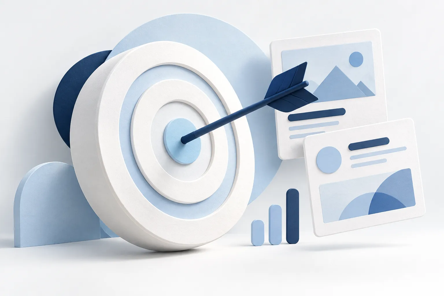 Glass target with floating ad cards, representing paid search and social advertising