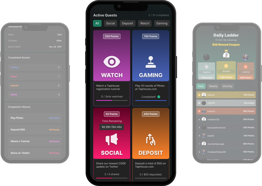 A phone showing the different Active quest you can choose from.  Gaming quests, Social, Deposits, and Watch quests. 